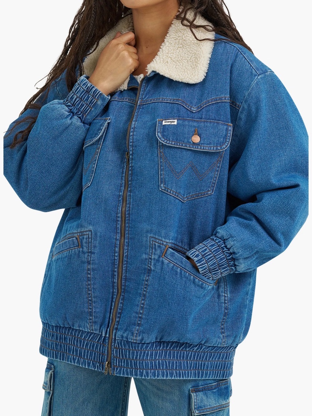 Wrangler Oversize Denim Bomber Jacket Lined W/ Sherpa Sz Large NWT